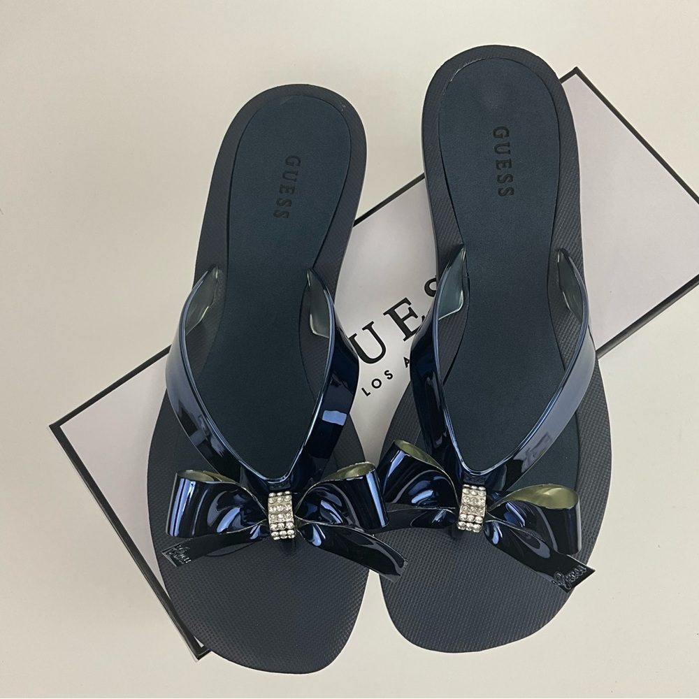 Guess Women's TUTU 9 Navy Bow Thong Flat Flip,Flop Sandals NIB - Picture 6 of 8